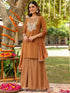 Janasya Women's Brown Georgette Embroidered Straight Kurta With Sharara & Dupatta Set